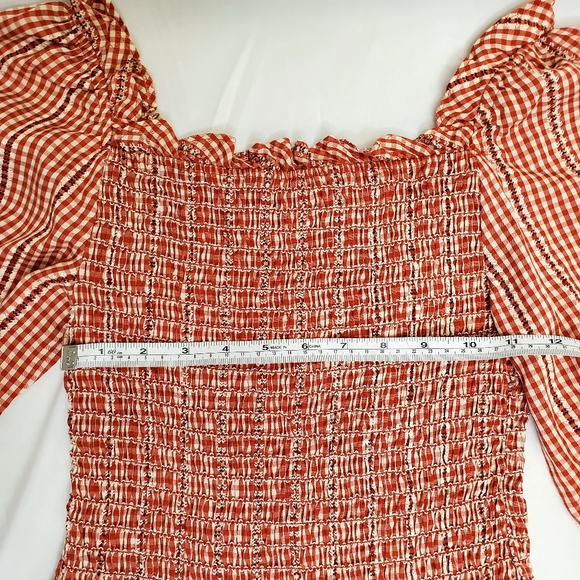 MAX STUDIO Red Smoking Gingham Peplum Off shoulder blouse 3/4 sleeves Size S/M - Picture 12 of 13